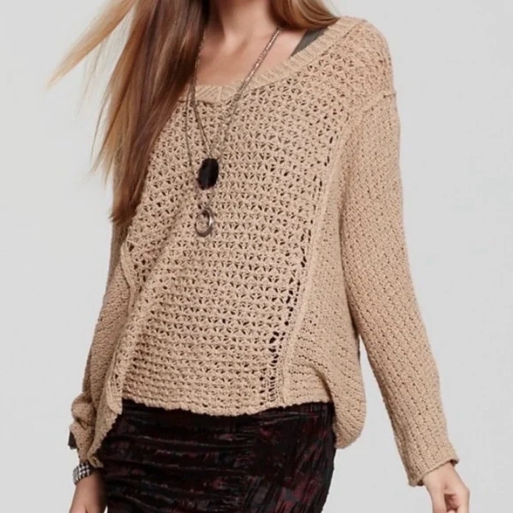 Free People Baja Laguna Coast Pullover Open Crochet Knit Sweater Tan Size Medium